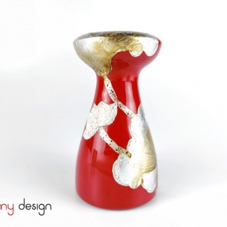 Red lacquer candle stand hand-painted with lotus size L/Ø10*H18 cm( candle hole: Ø 6.5 cm)